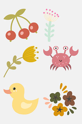 鸭螃蟹可爱卡通动植物字母免抠素材