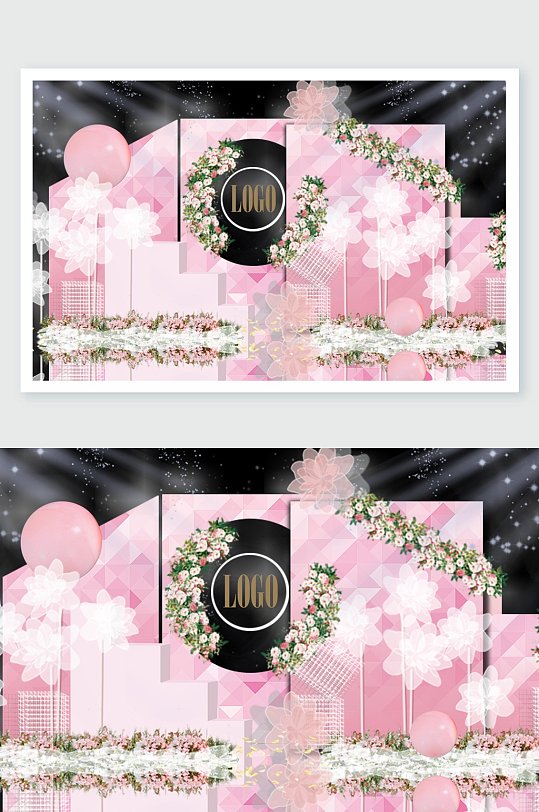 花朵粉色简约风火烈鸟婚礼舞美设计-众图网