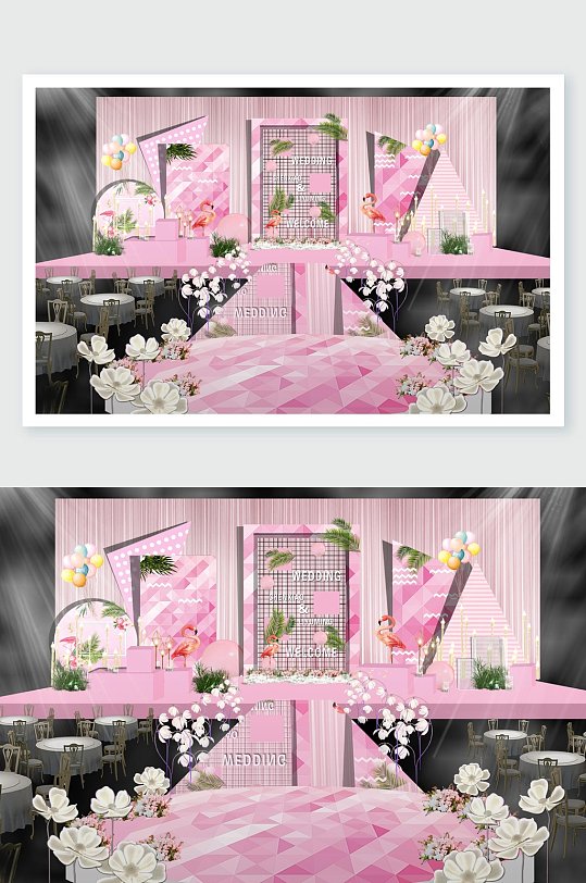 素雅粉色花朵火烈鸟婚礼舞美设计-众图网