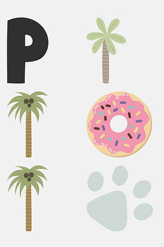 椰子树甜甜圈可爱卡通动植物字母免抠素材