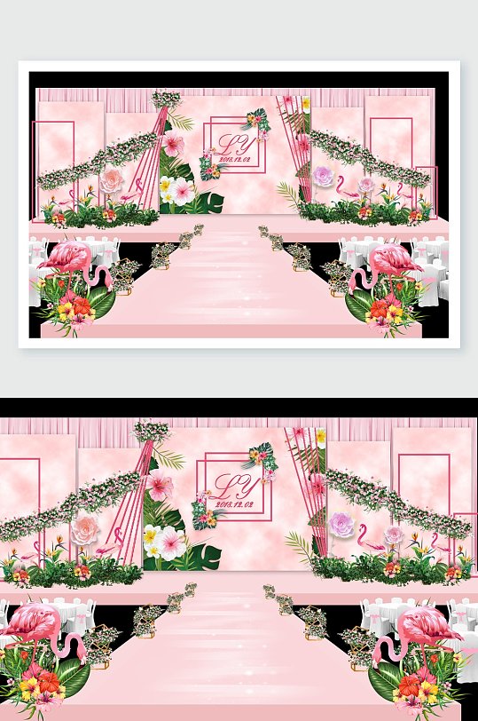 素雅粉绿植物火烈鸟婚礼舞美设计-众图网