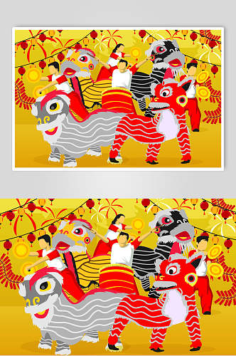 灯笼红黄可爱新年舞狮矢量插画素材