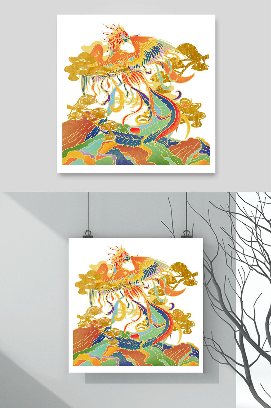 创意闲云扇子国潮凤凰插画素材素材