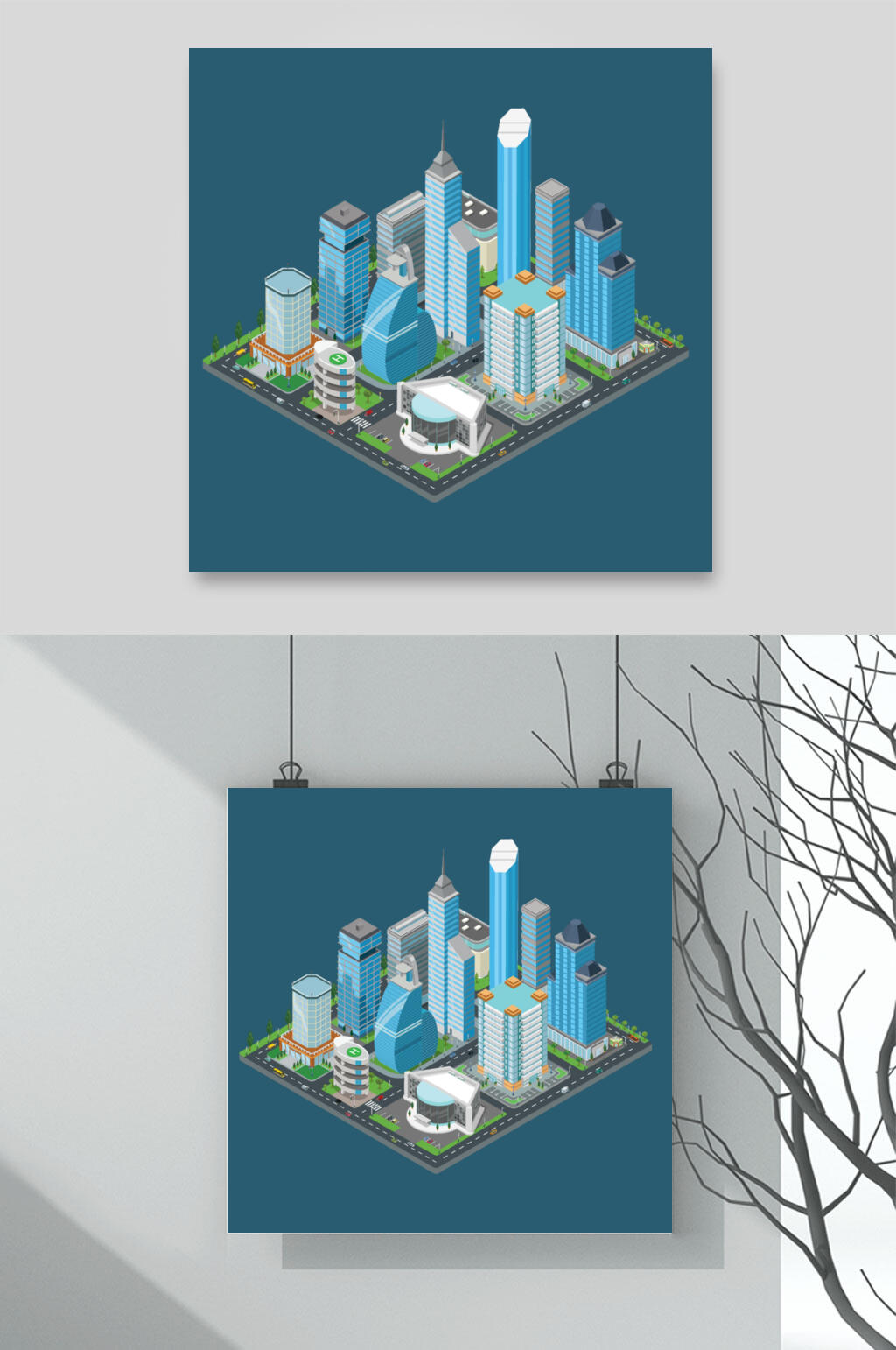 立体蓝色唯美清新房屋建筑矢量素材素材
