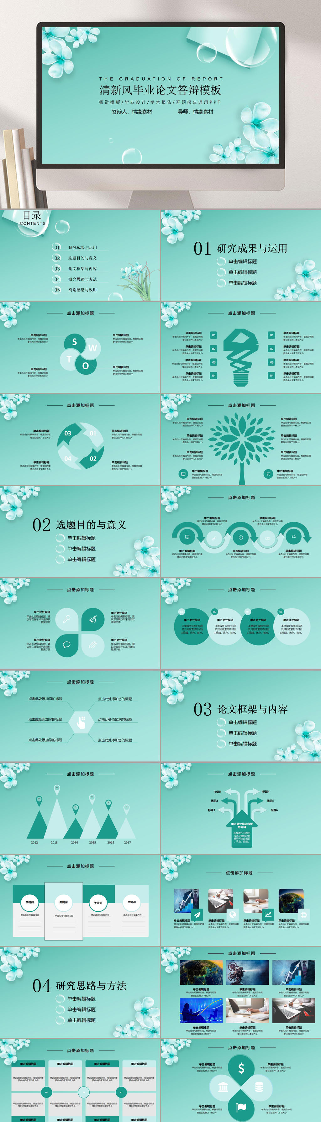 花朵绿色大气高端清新毕业论文PPT素材