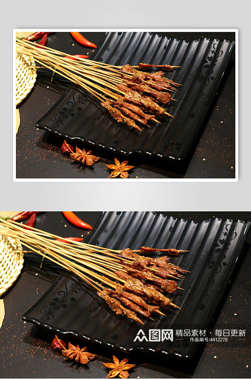 八角辣椒竹签子石板烧烤美食图片素材