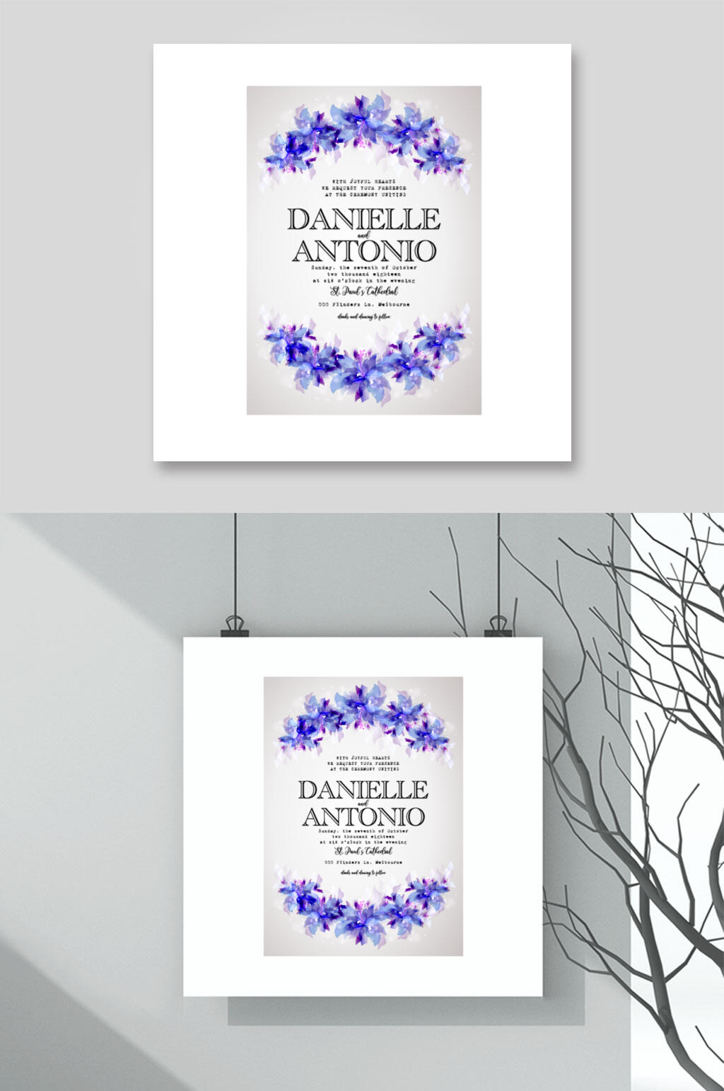 英文蓝灰清新婚礼邀请函矢量素材素材