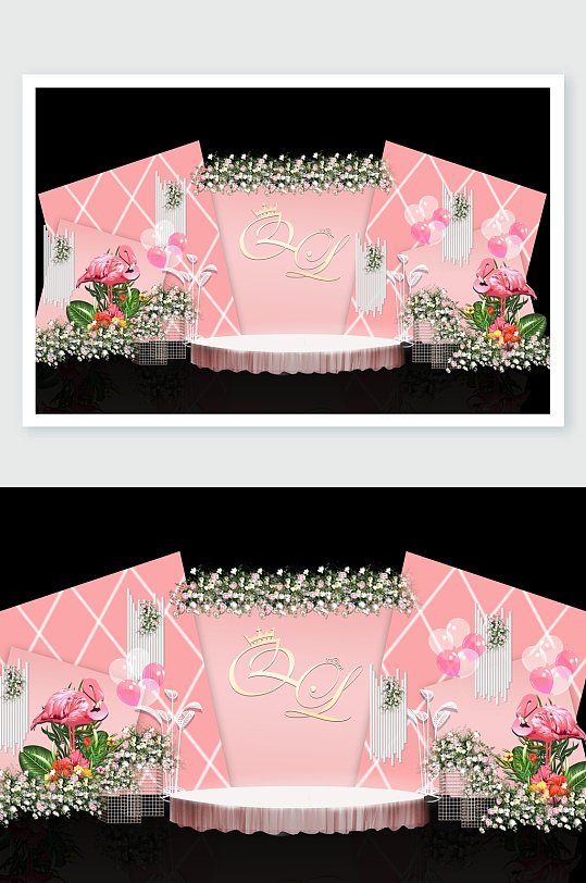 展台粉绿植物火烈鸟婚礼舞美设计-众图网