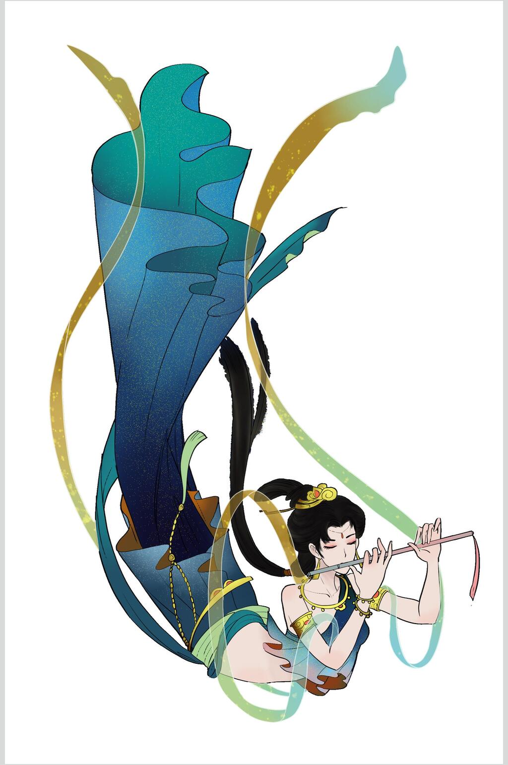 笛子唯美蓝黄渐变古典女子插画素材素材