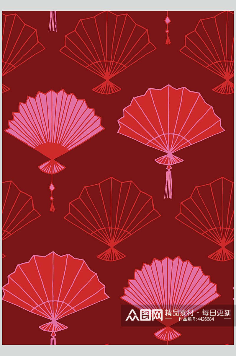 红色扇子喜庆中式图案素材素材