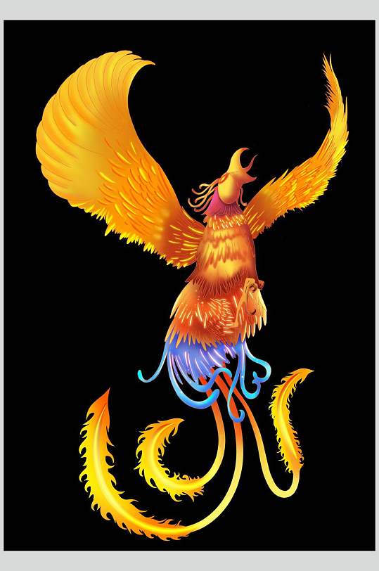 羽毛翅膀黄色国潮凤凰插画素材