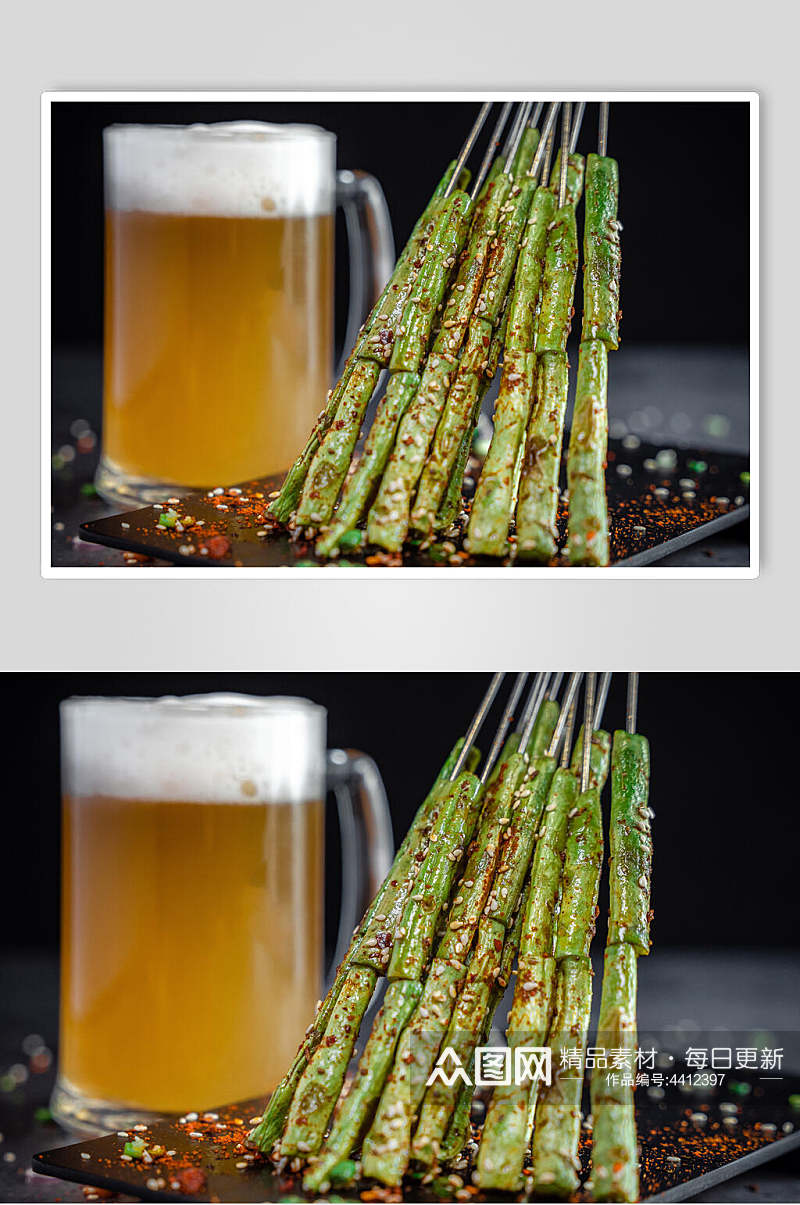 四季豆啤酒黄绿色烧烤串串图片素材