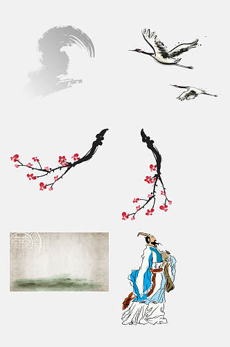 仙鹤花朵端午节卡通图案免抠素材