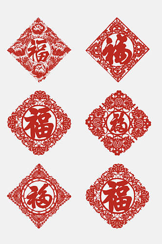 红色中国龙福字剪纸窗花图案免抠素材