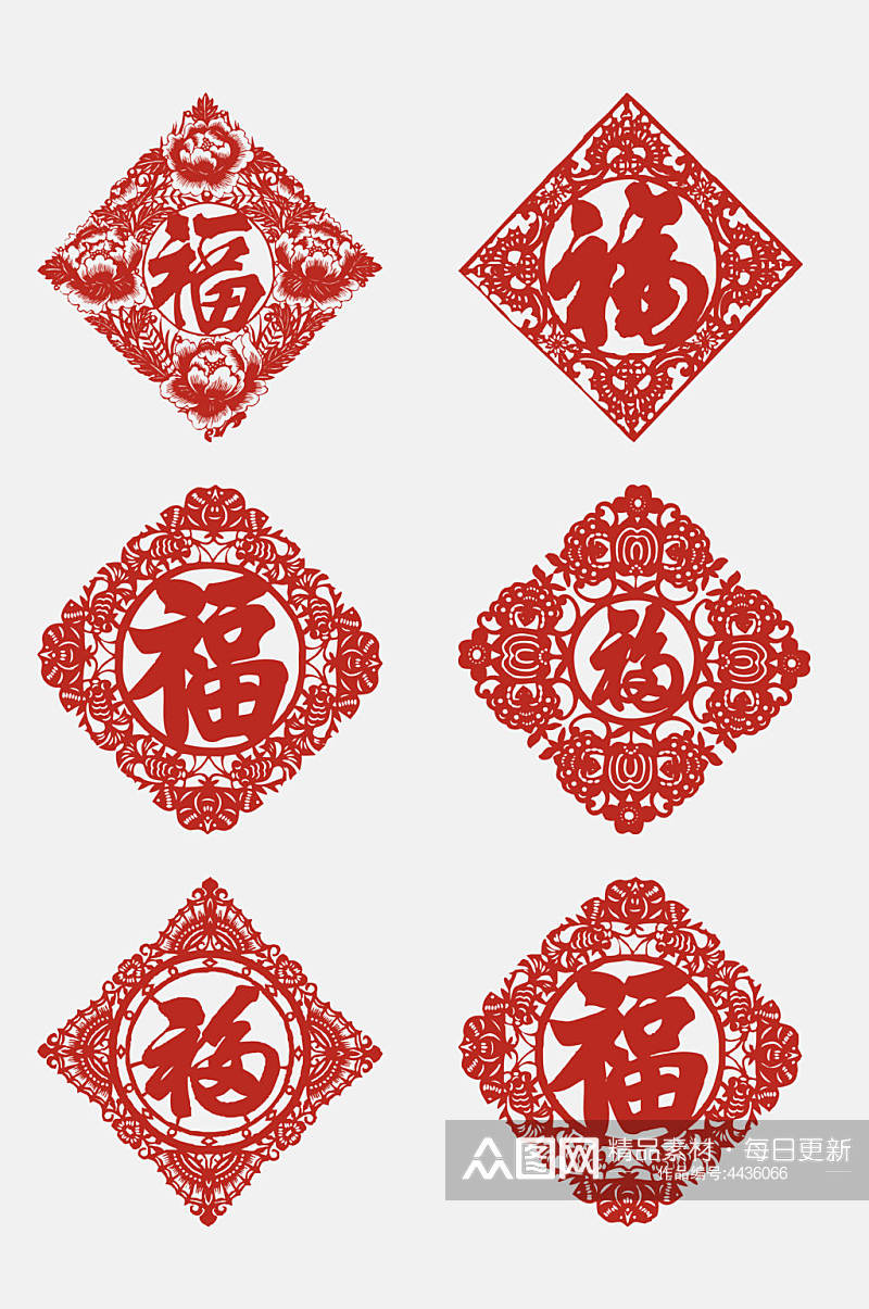 红色中国龙福字剪纸窗花图案免抠素材素材