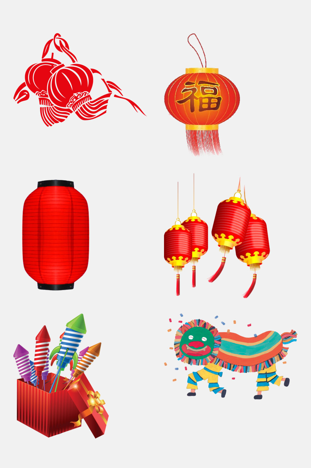 红色手绘舞狮新年灯笼鞭炮免抠素材素材