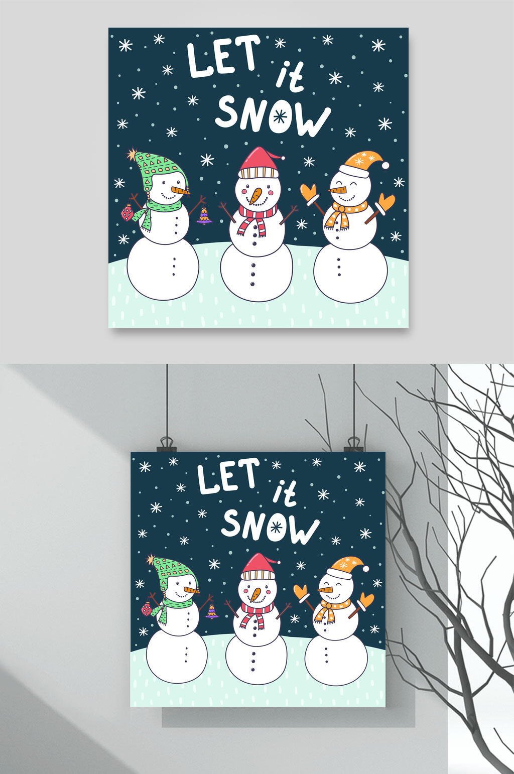 雪人蓝白简约卡通手绘图案矢量素材素材