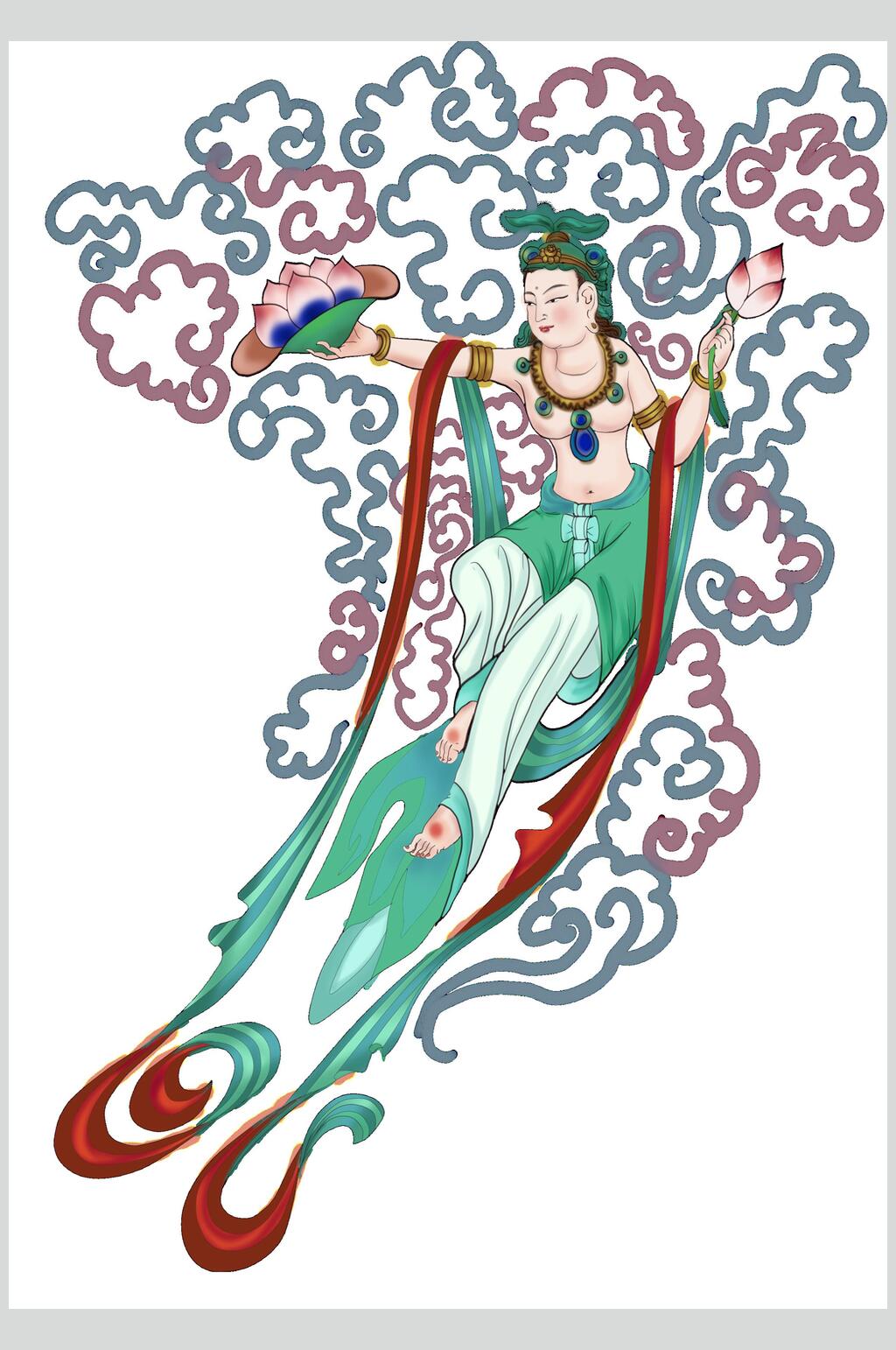 祥云荷花古典女子插画素材素材
