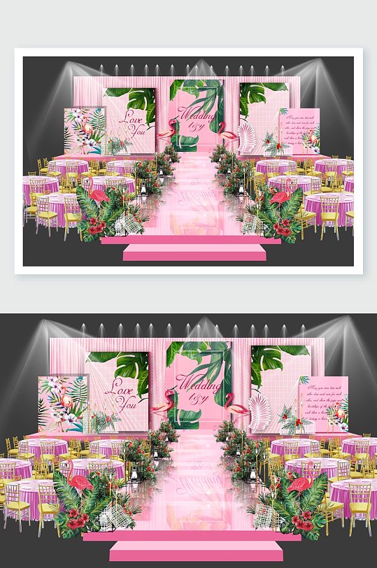 高级感植物粉绿火烈鸟婚礼舞美设计-众图网
