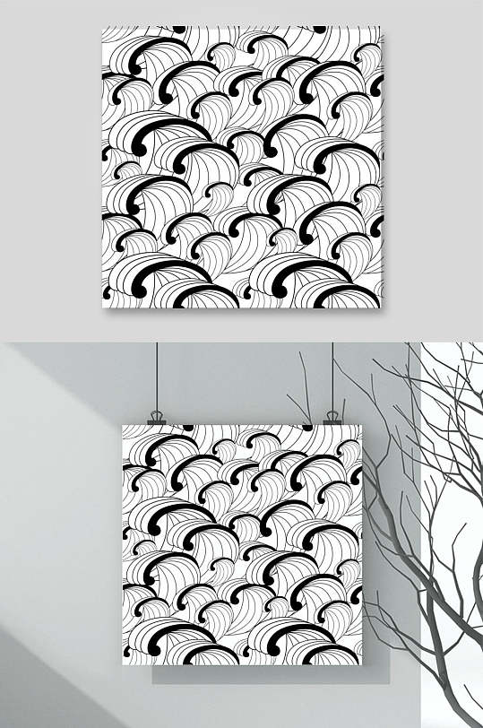 黑白海浪简约手绘时尚底纹矢量素材