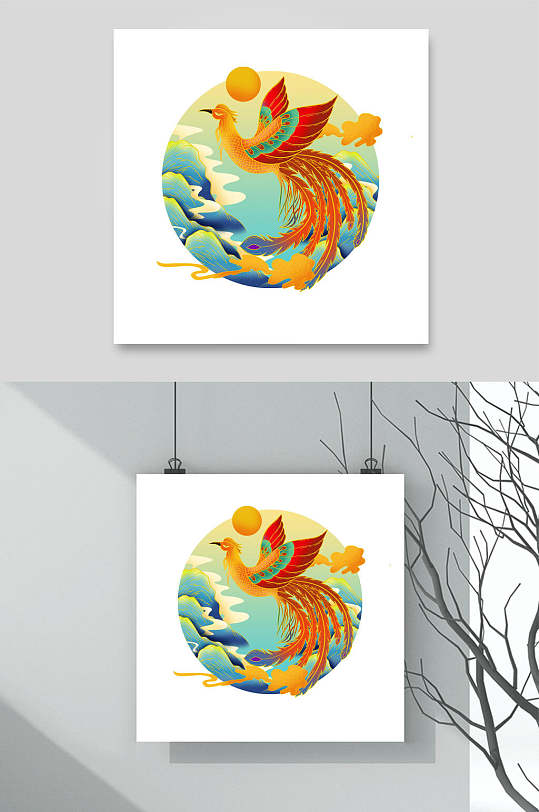 创意圆形国潮凤凰插画素材-众图网