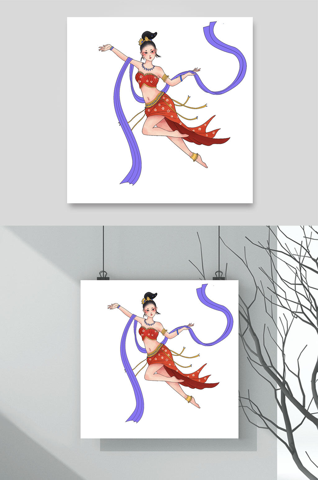 丝带唯美简约红蓝古典女子插画素材素材