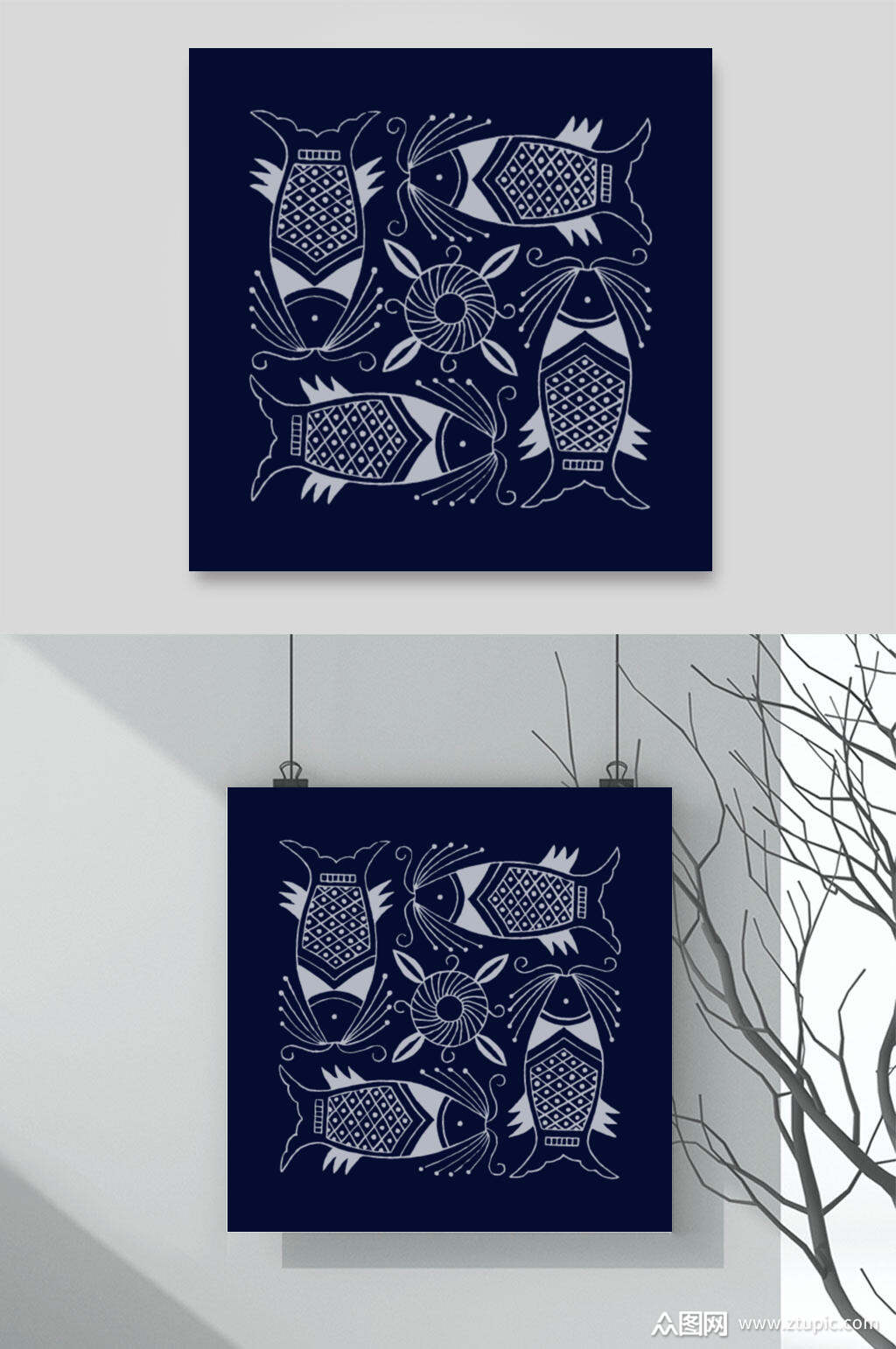 小鱼深蓝清新苗族蜡染图案矢量素材素材