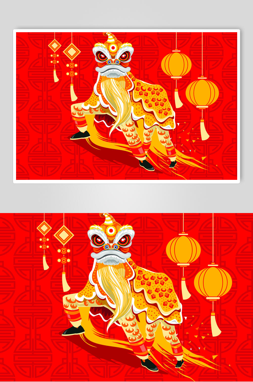 灯笼红金简约新年舞狮矢量插画素材素材