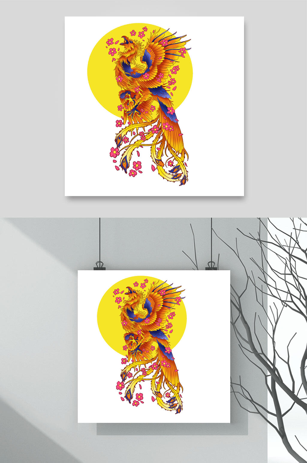 精美花朵国潮凤凰插画素材素材