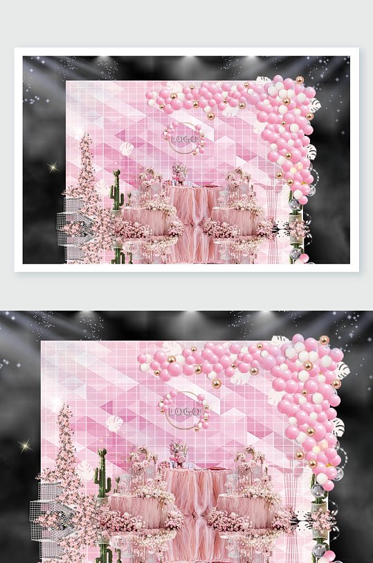 线条粉色大气火烈鸟婚礼舞美设计-众图网