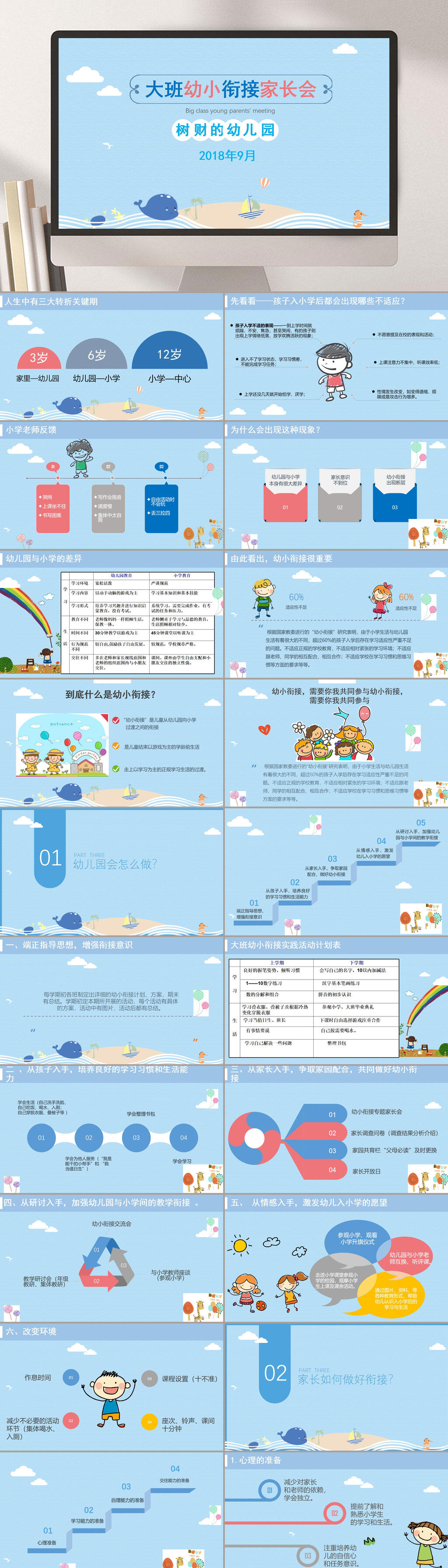 鲸鱼蓝色简约风卡通清新家长会PPT素材