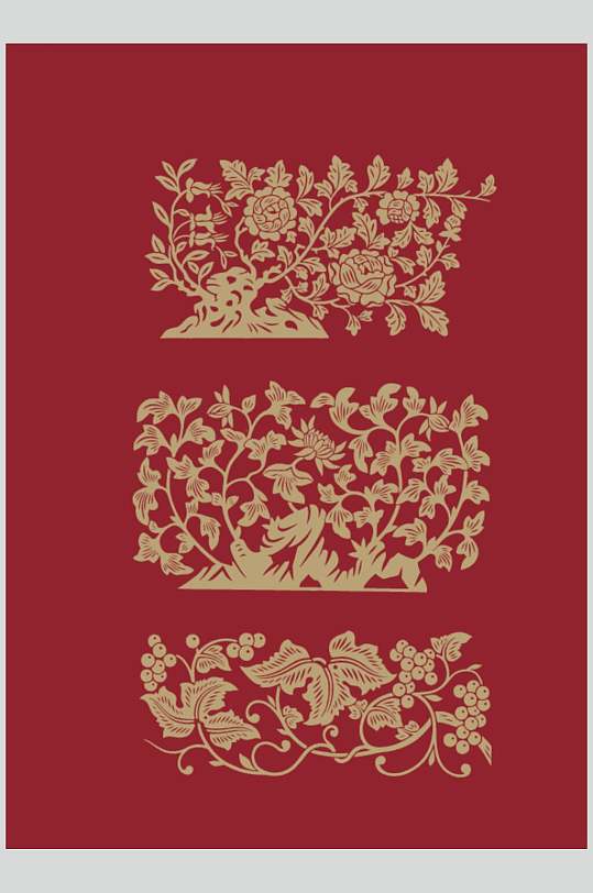 红色树叶葡萄古典花草吉祥纹样矢量素材