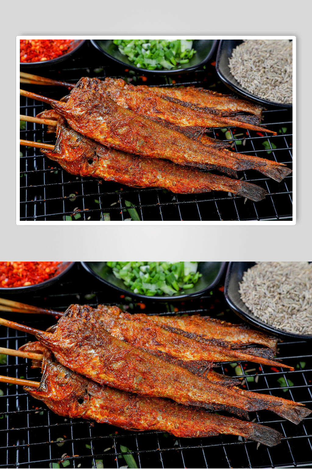 竹签子葱花孜然粉黑烧烤美食图片素材
