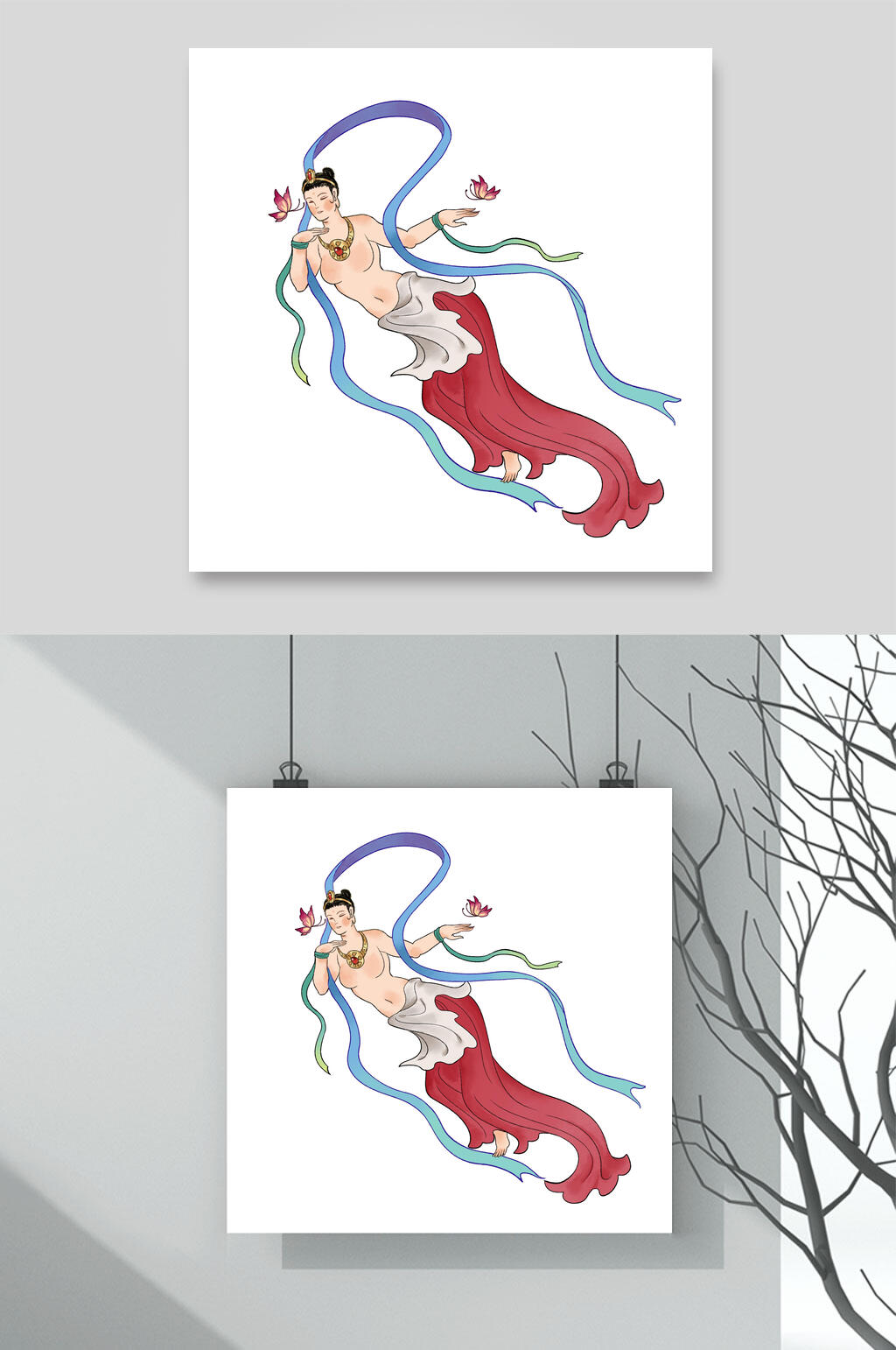 丝带红蓝简约清新古典女子插画素材素材