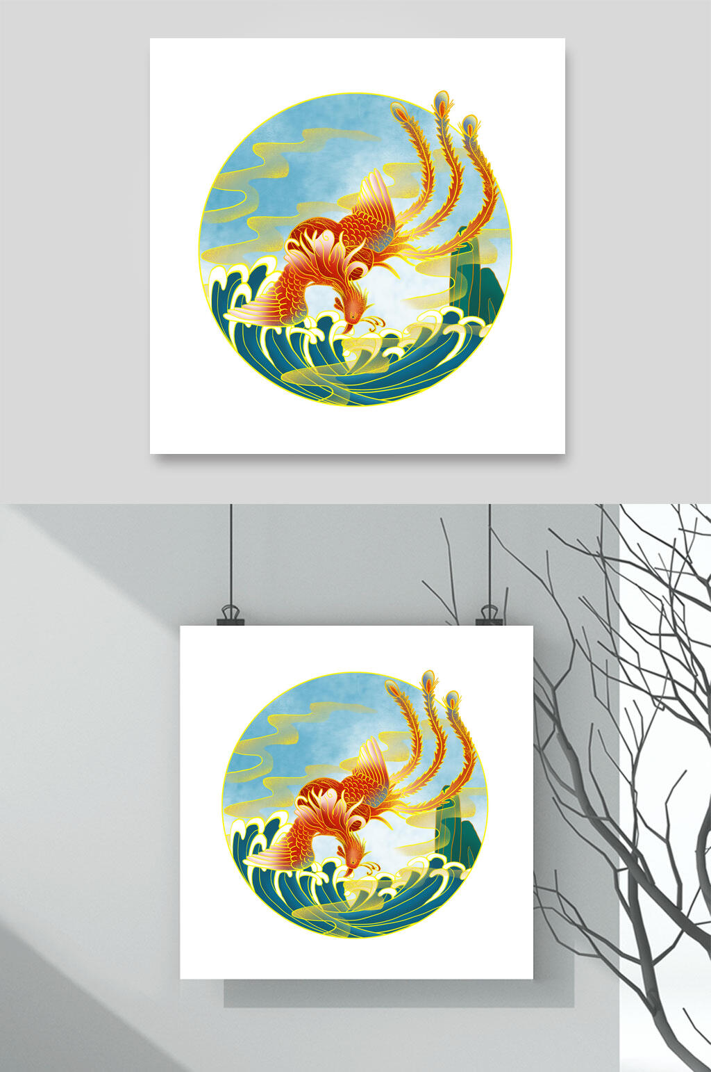 海浪蓝色唯美清新国潮凤凰插画素材素材