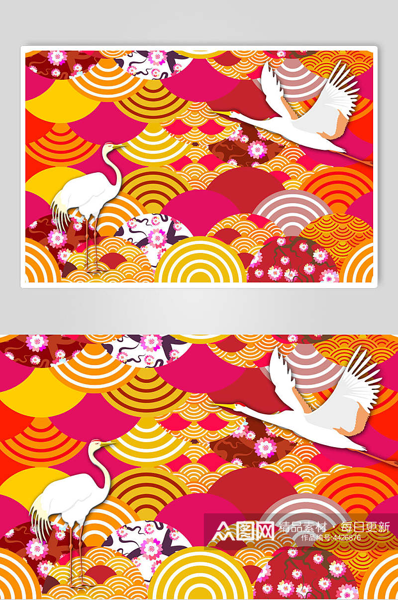 红色仙鹤花朵吉祥图案插画素材素材