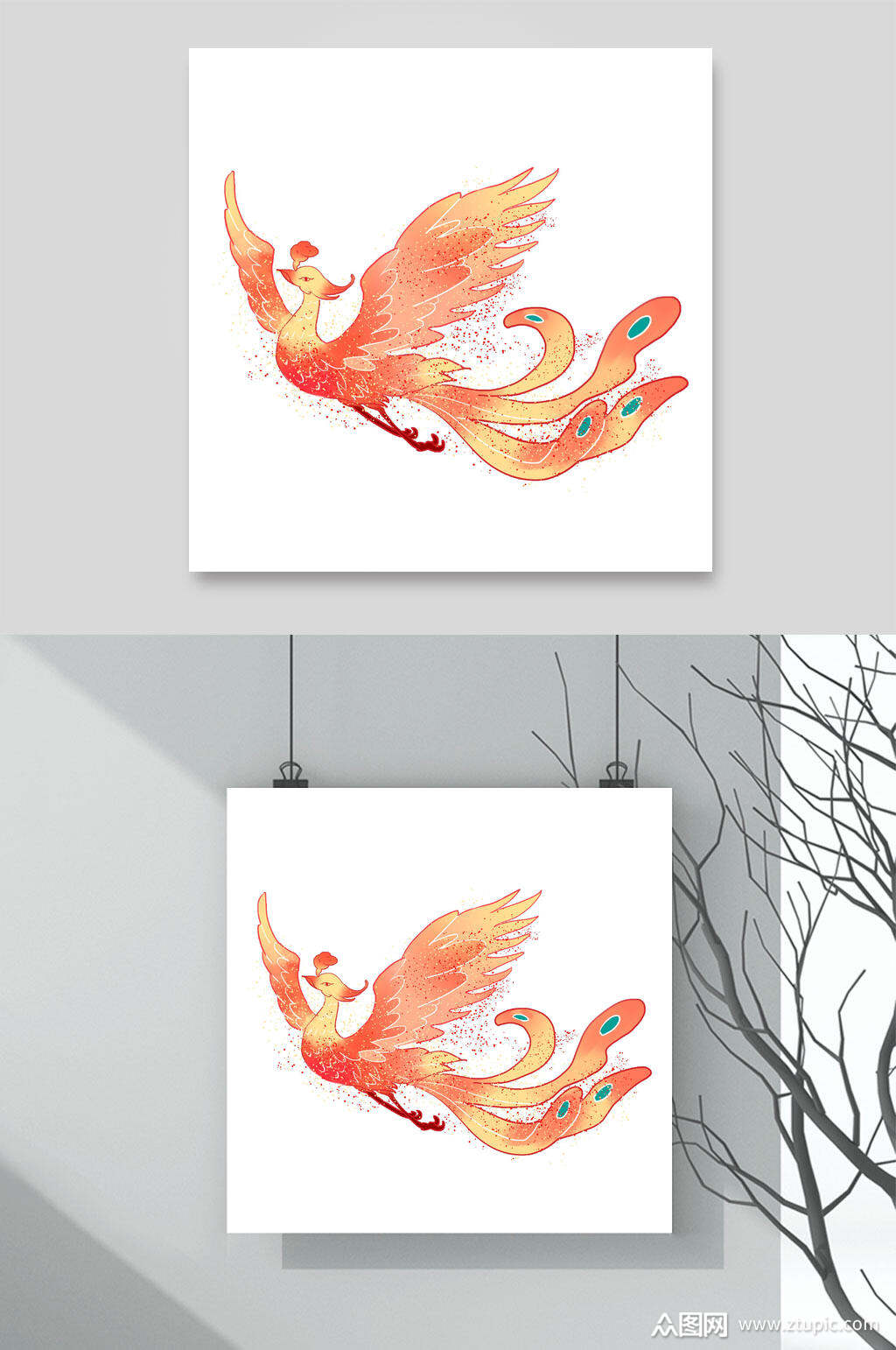 羽毛爪子灰色国潮凤凰插画素材素材