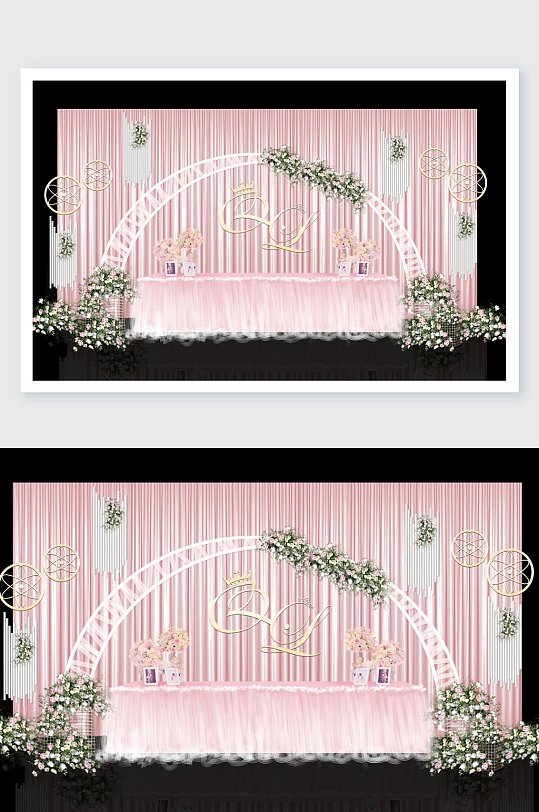 粉绿简约植物火烈鸟婚礼舞美设计-众图网