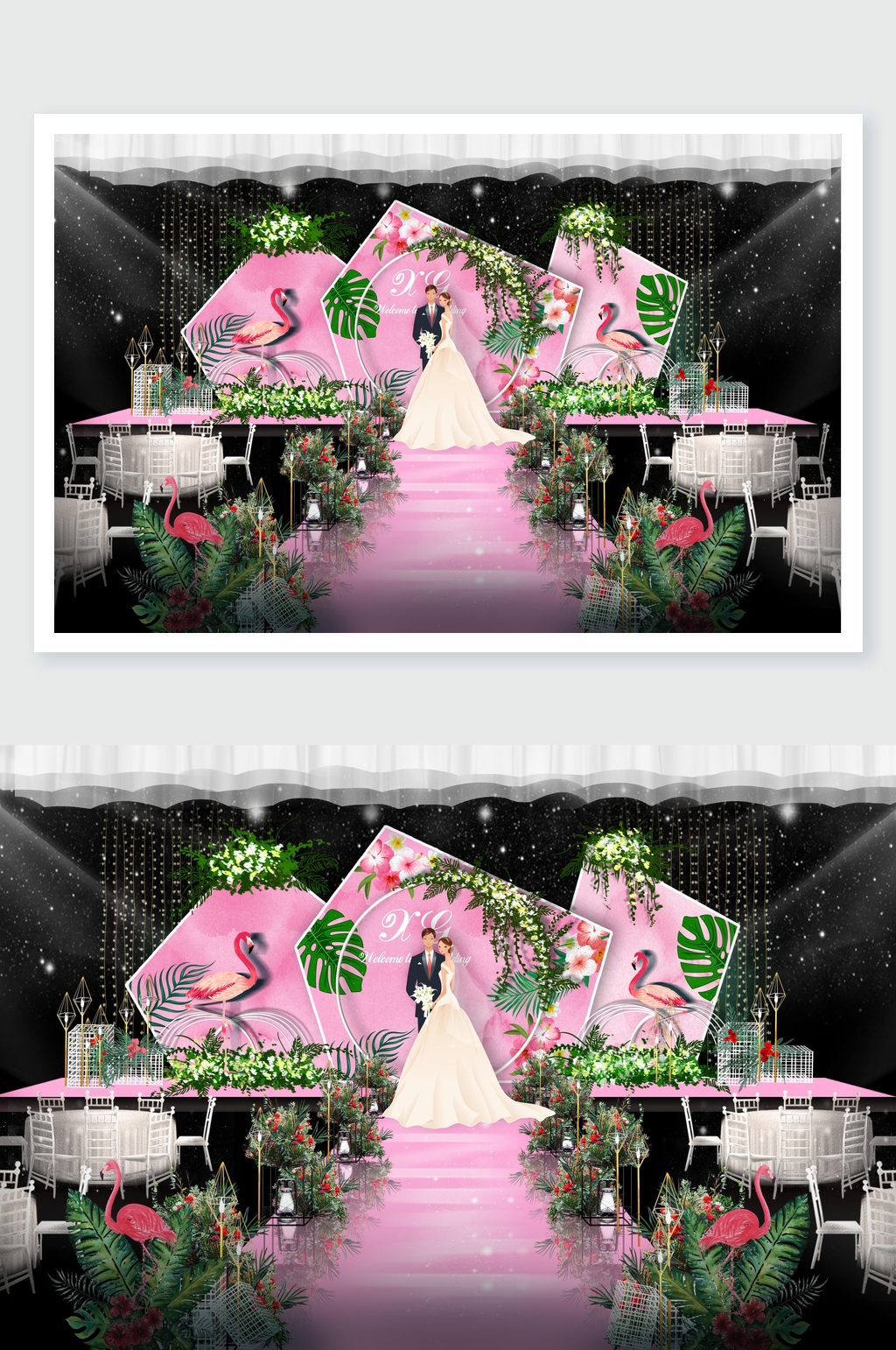 椅子粉绿简约风火烈鸟婚礼舞美设计素材