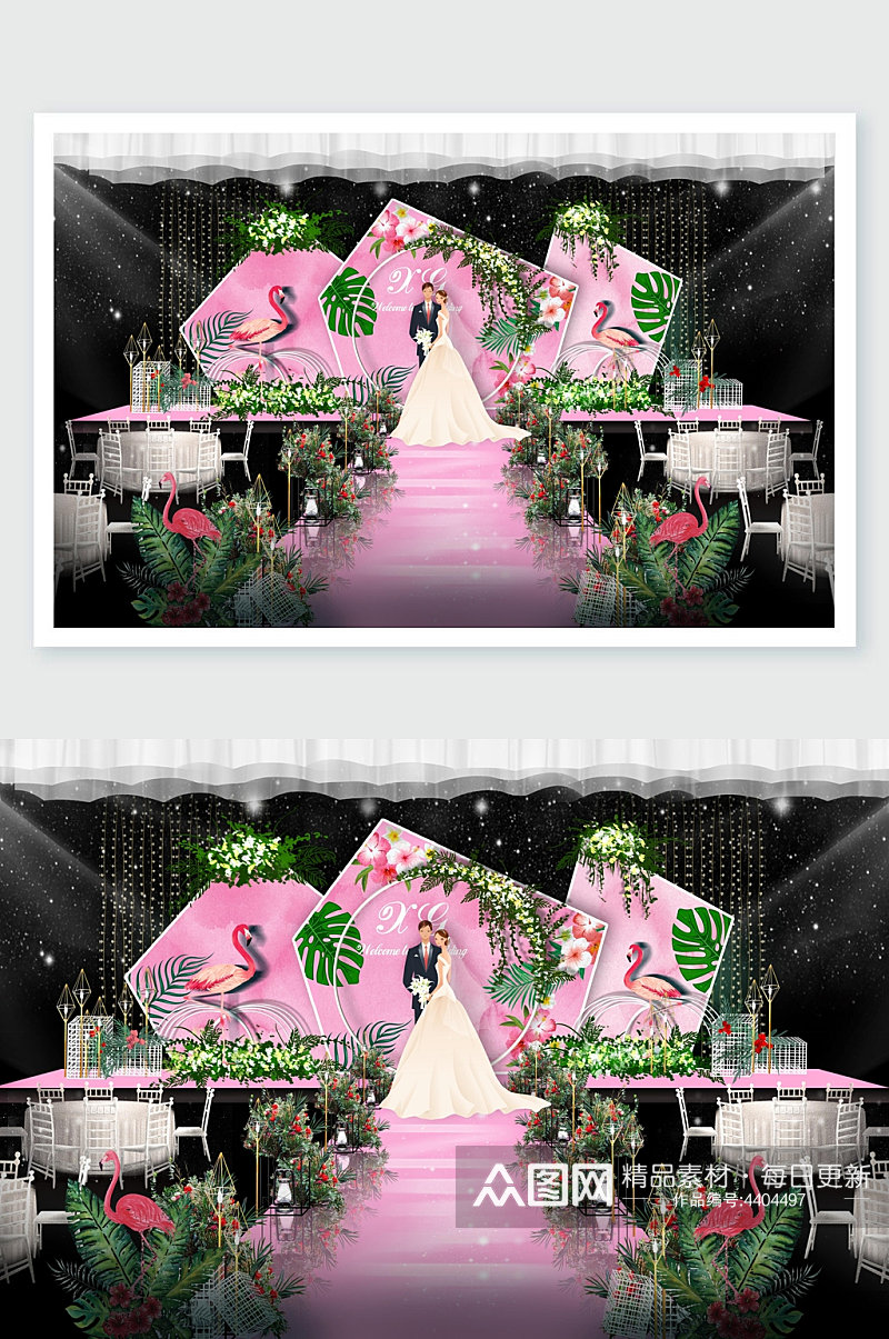 椅子粉绿简约风火烈鸟婚礼舞美设计素材