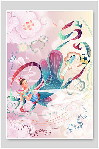 粉色足球花朵中国风插画