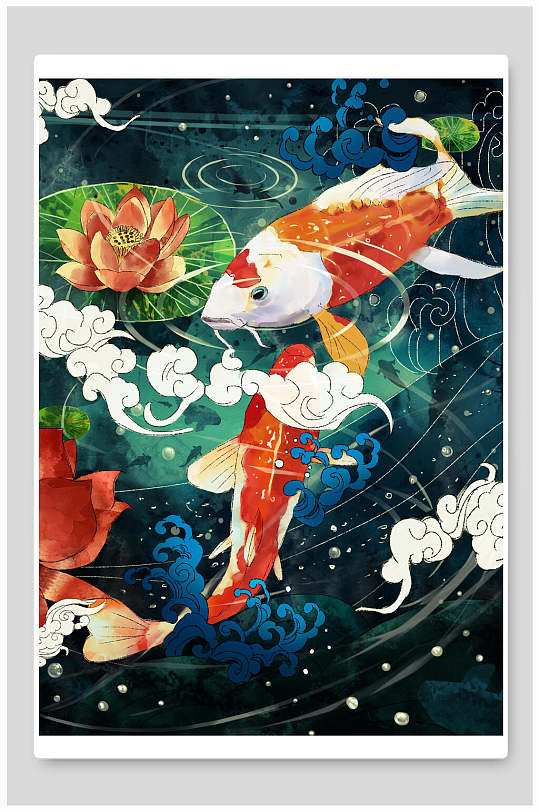 金魚創(chuàng)意復古國潮鯉魚插畫