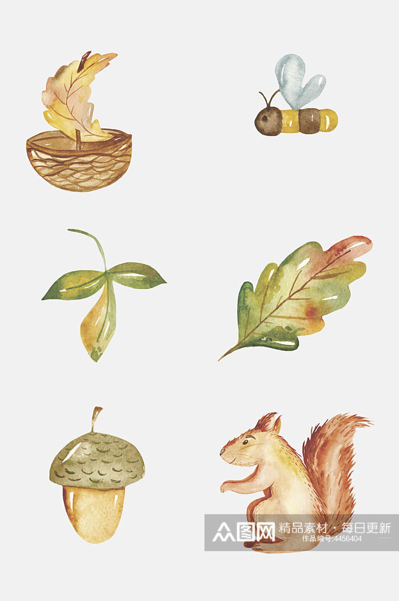 松鼠叶子秋季水彩动物树叶免抠素材素材