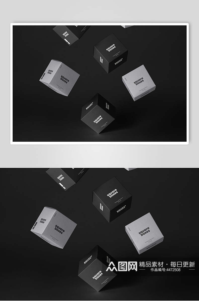 立体方块黑色纸盒包装场景样机素材