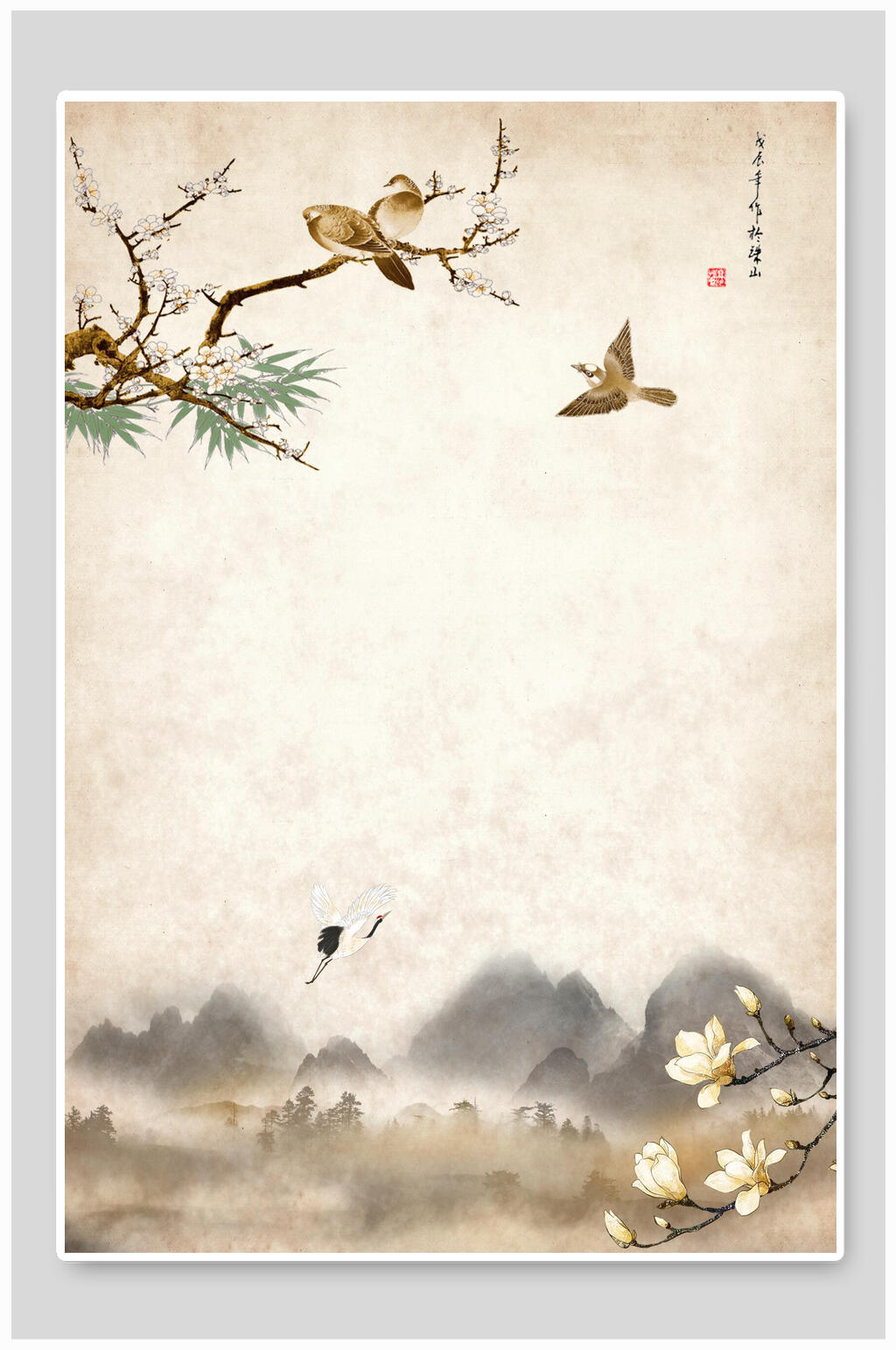 时尚花朵小鸟简约黄古风工笔画背景素材