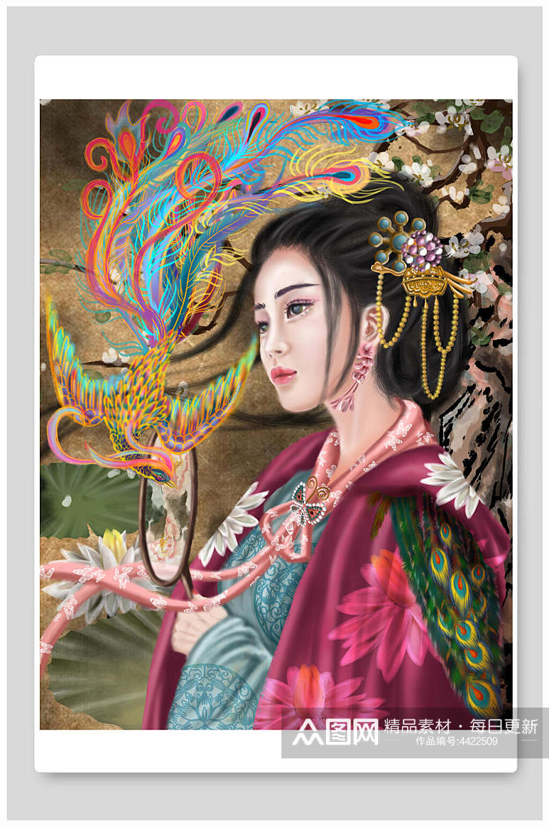 凤凰美女人物插画国潮风插画素材