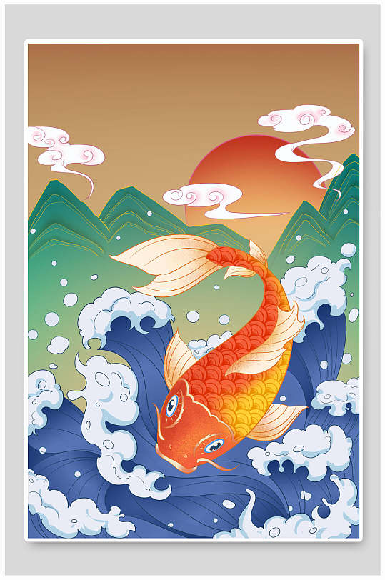 中国风锦鲤海浪复古国潮鲤鱼插画