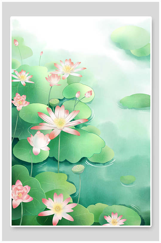 唯美荷花池塘中国风插画