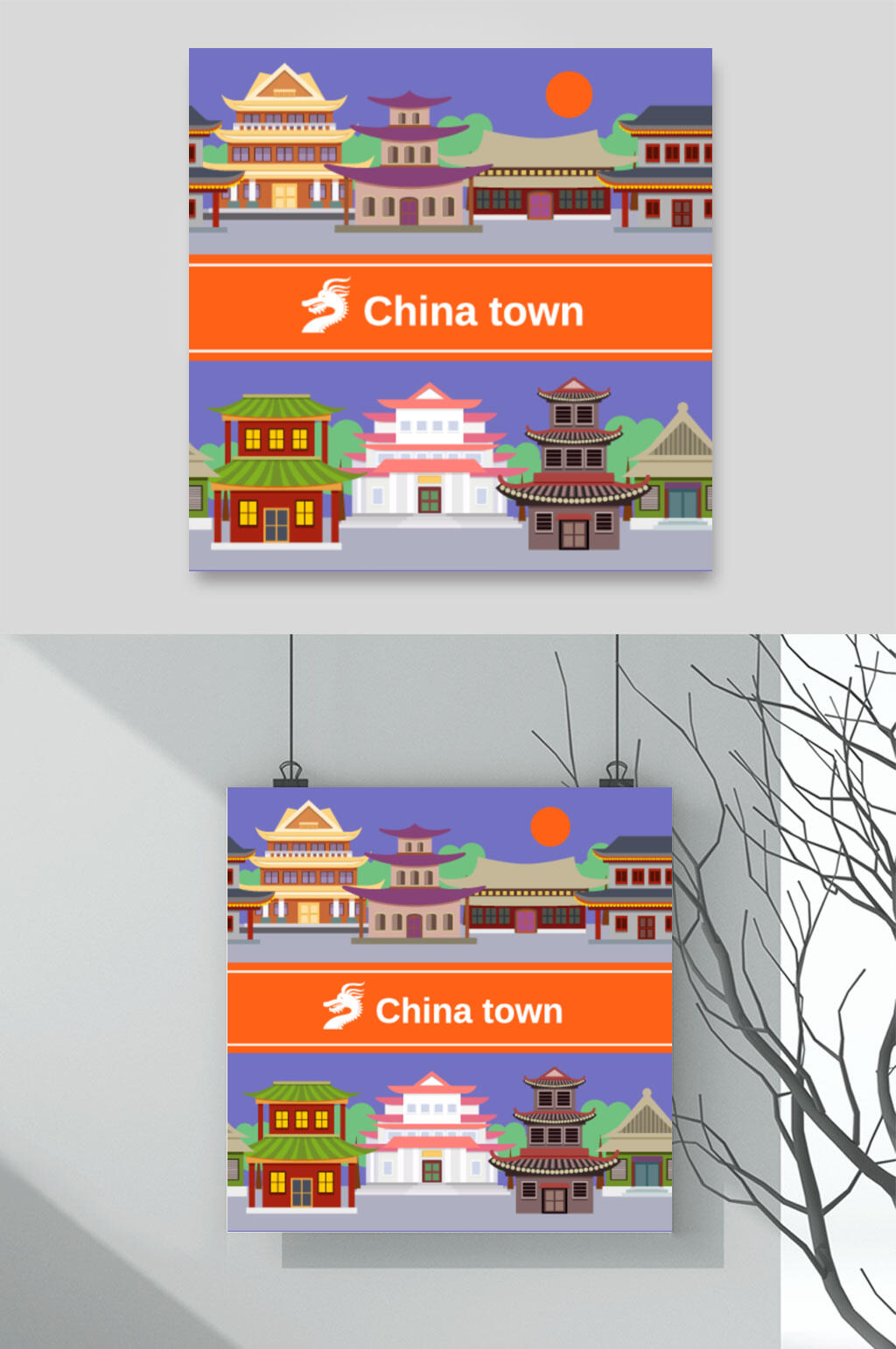 紫色中式古代建筑矢量素材素材
