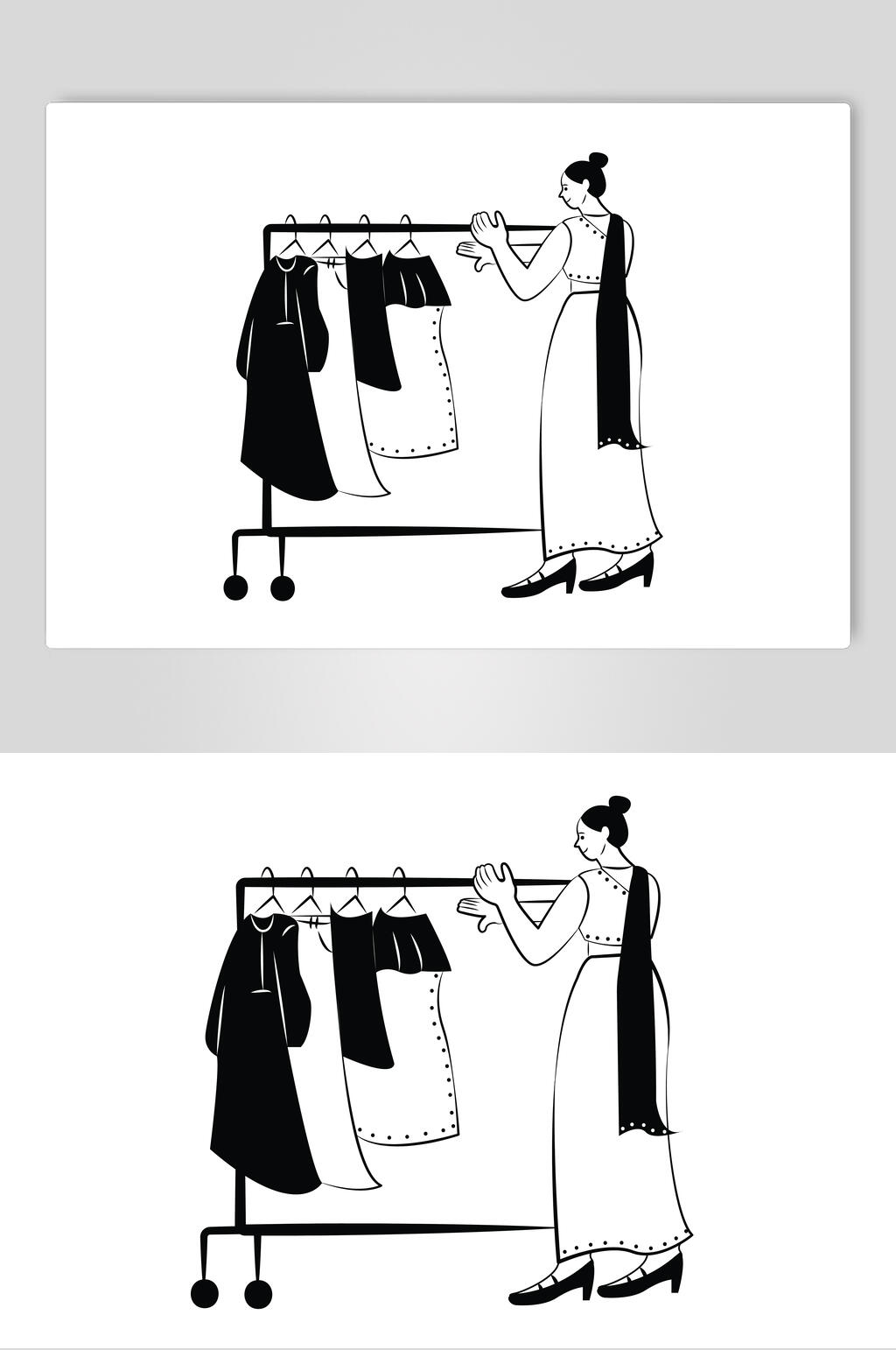 衣服裙子黑白色扁平化人物插画素材素材